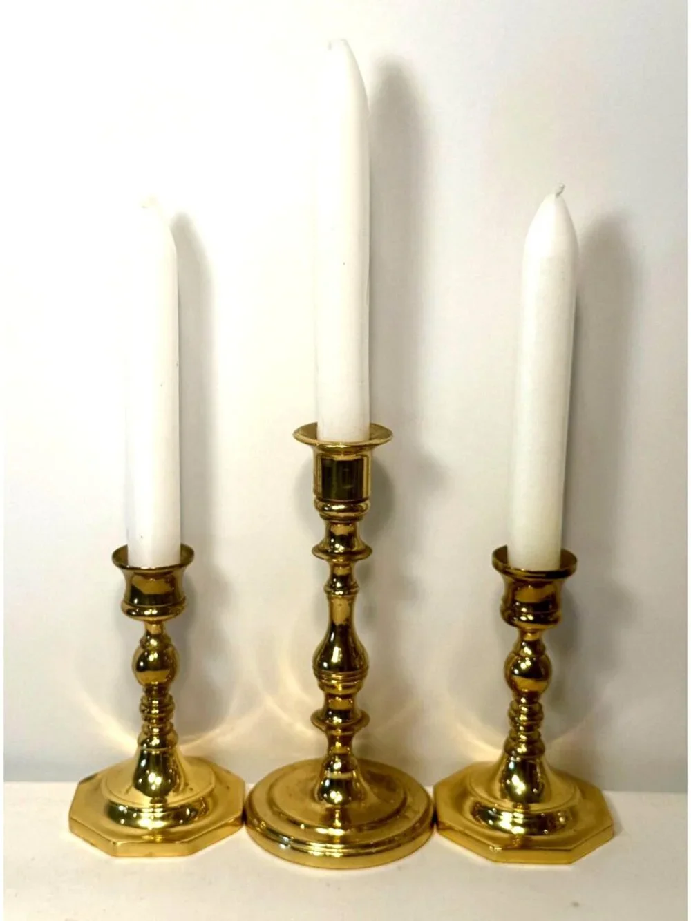 Brass Candlesticks Candle Holders Set of 3 Octagon Base Antique